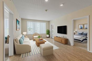 A living room with a couch and a table
